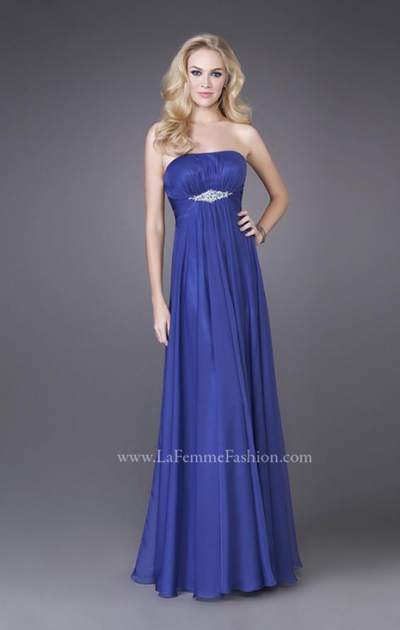 Picture of: Strapless Chiffon Dress with Crystal Broach and Ruching in Blue, Style: 15720, Detail Picture 1