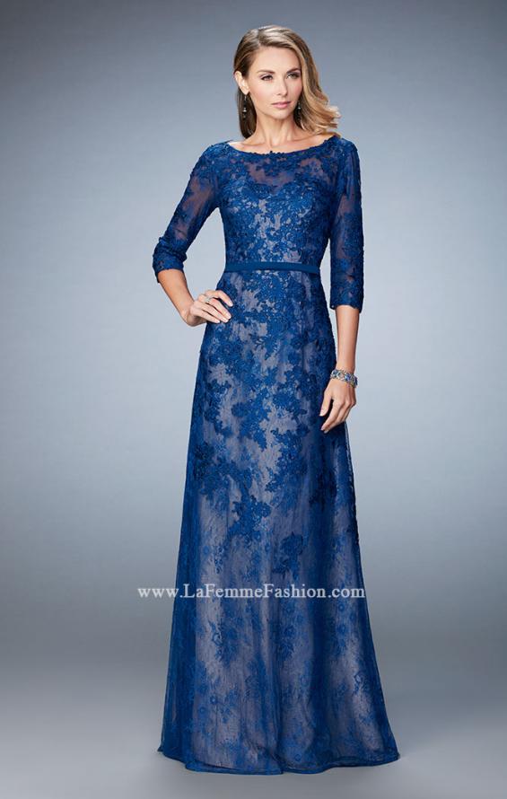 Picture of: Evening Gown with Lace Overlay, Belt, and 3/4 Sleeves in Silver, Style: 21740, Detail Picture 1