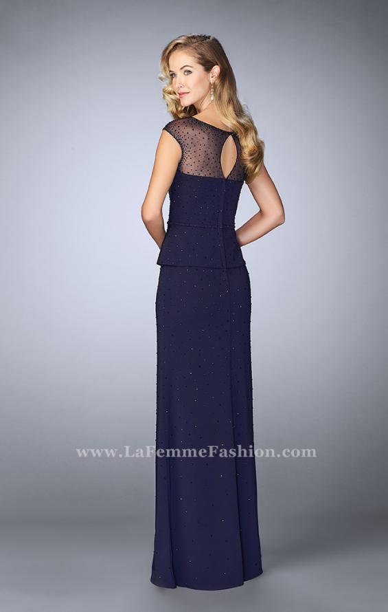 Picture of: Beaded Cap Sleeve Peplum Dress with Sheer Detail in Blue, Style: 23112, Back Picture