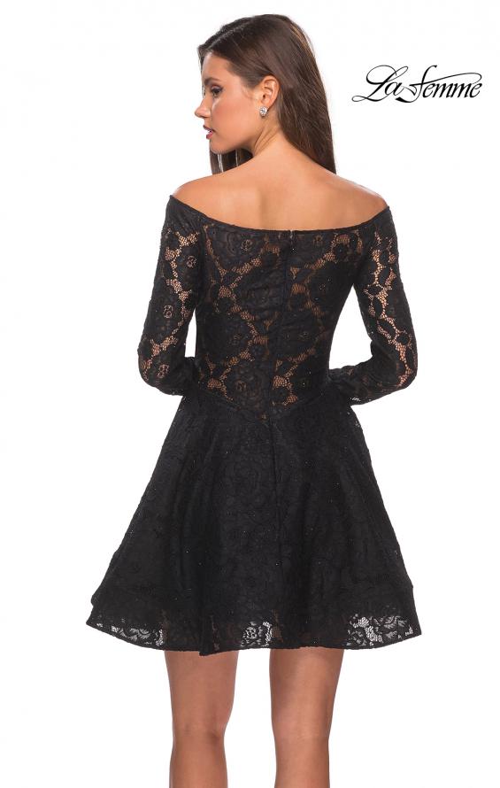 Picture of: Short Lace Dress with Off The Shoulder Long Sleeves in Black, Style: 28175, Back Picture