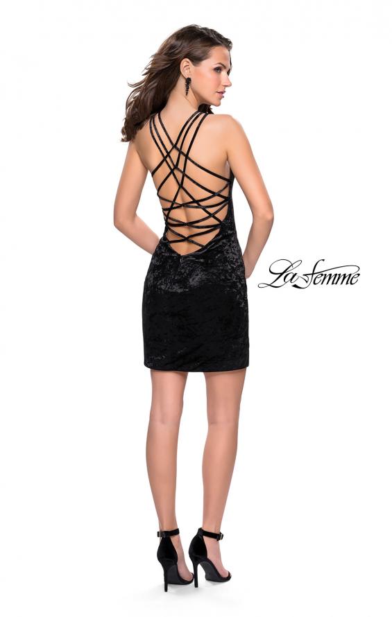 Picture of: High Neck Short Velvet Dress with Criss Cross Back Straps in Black, Style: 26663, Detail Picture 5