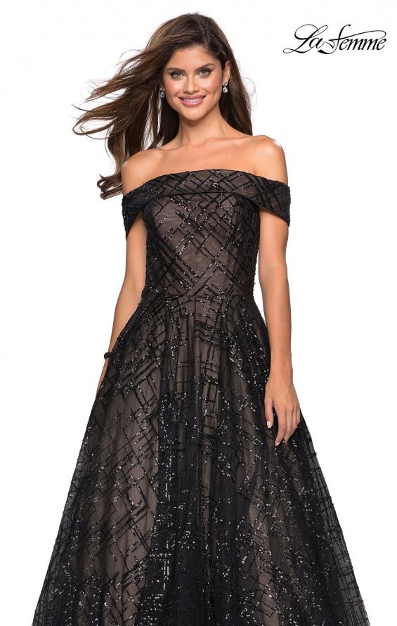 Picture of: sequin Ball Gown with Off the Shoulder Top in Black Nude, Style: 27577, Detail Picture 3