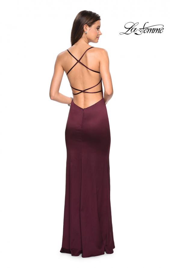 Picture of: Form Fitting Satin Dress with Slit and Strappy Back in Burgundy, Style: 27758, Detail Picture 2