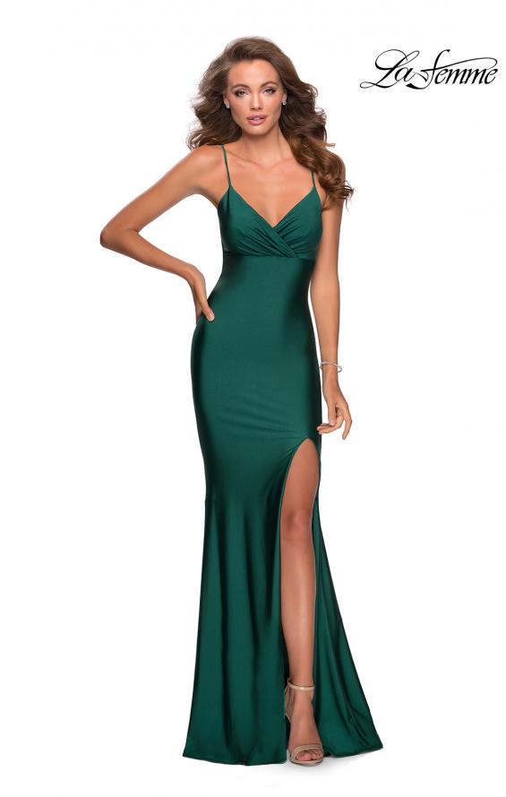 Picture of: Empire Waist Jersey Dress with Lace Up Back in Emerald, Style: 28584, Detail Picture 1