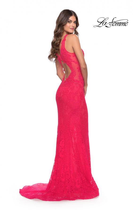 Picture of: Stretch Lace Gown with Slit and Open Keyhole Back in Hot Coral, Style: 29978, Detail Picture 4