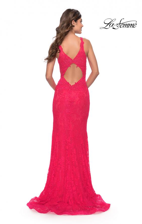 Picture of: Stretch Lace Gown with Slit and Open Keyhole Back in Hot Coral, Style: 29978, Detail Picture 7