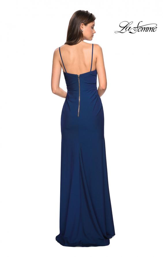 Picture of: Classic Long Jersey Gown with Side Ruching and Slit in Navy, Style: 27626, Back Picture