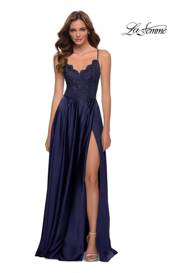 Picture of: Satin and Lace Prom Dress with Sheer Bodice in Navy, Style 29760, Detail Picture 1