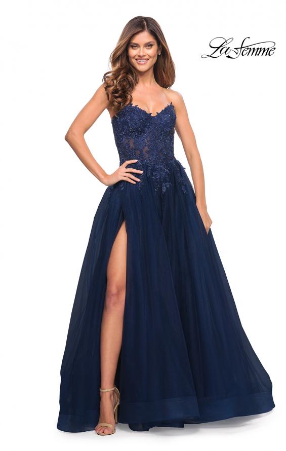 Picture of: Tulle and Lace Ballgown with High Slit and Pockets in Navy, Style: 30592, Detail Picture 1
