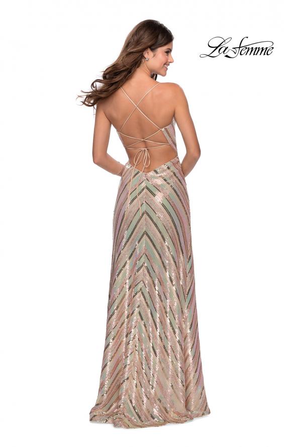 Picture of: Multi-Colored Striped Sequin Faux Wrap Prom Dress in Nude, Style: 28717, Detail Picture 3