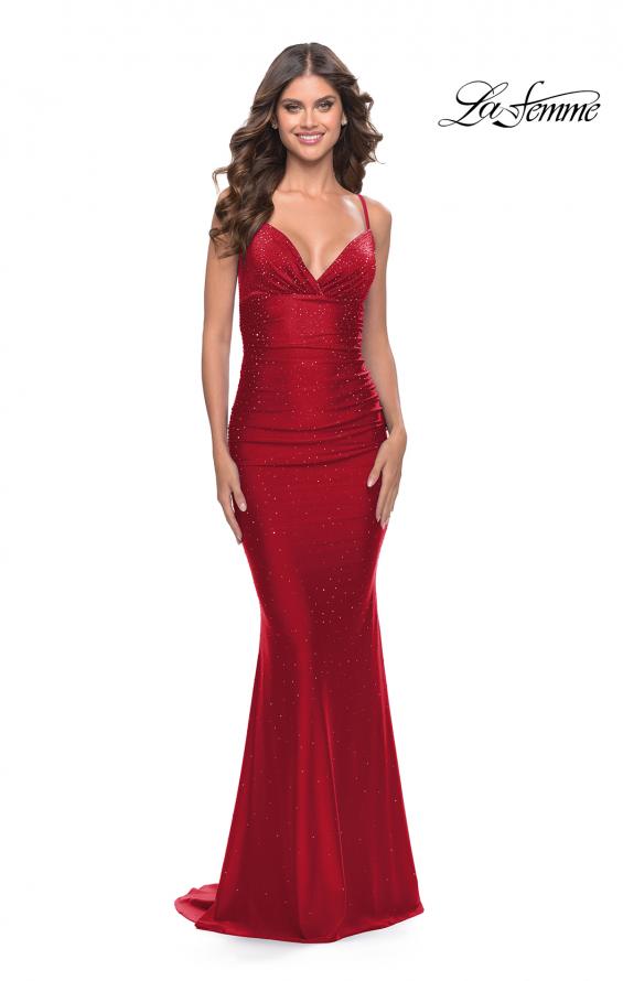 Picture of: Embellished Rhinestone Jersey Long Dress with Lace Up Back in Red, Style: 30996, Style: 30996