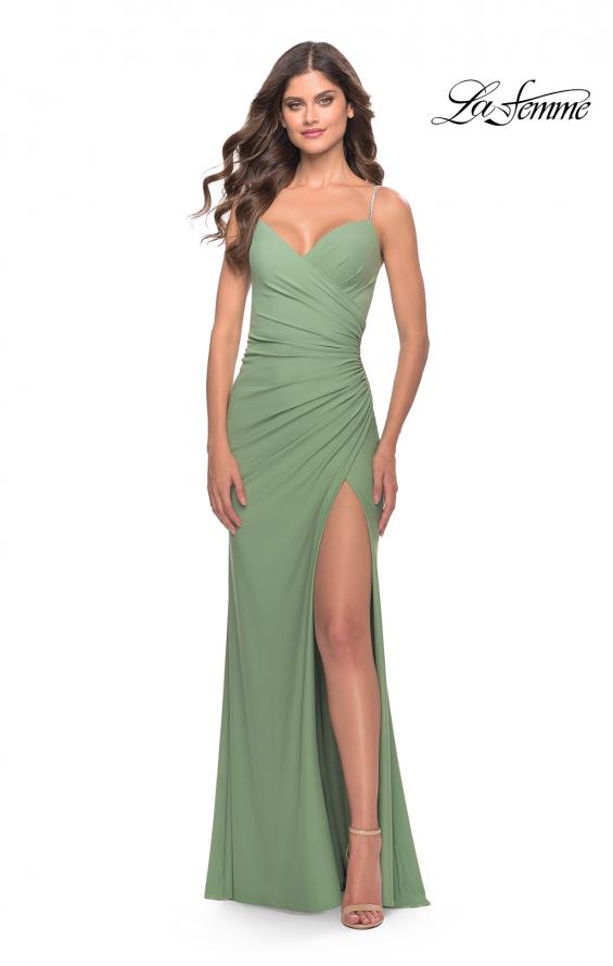 Picture of: Long Ruched Jersey Gown with V Neckline in Sage, Style: 31107, Detail Picture 3