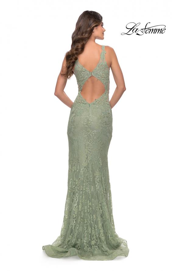 Picture of: Fitted Stretch Lace Gown with Deep V and Beading in Sage, Style: 29977, Detail Picture 4