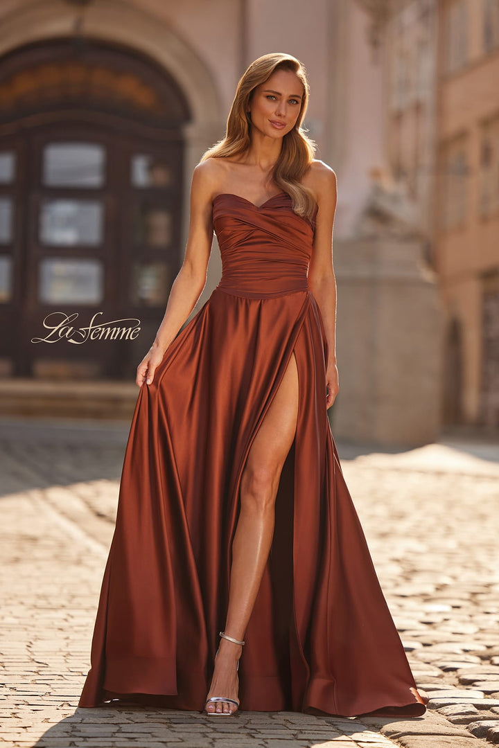 Picture of: Strapless Satin A-Line Gown with Draped Bodice and High Slit in Copper, Style: 33417, Main Picture