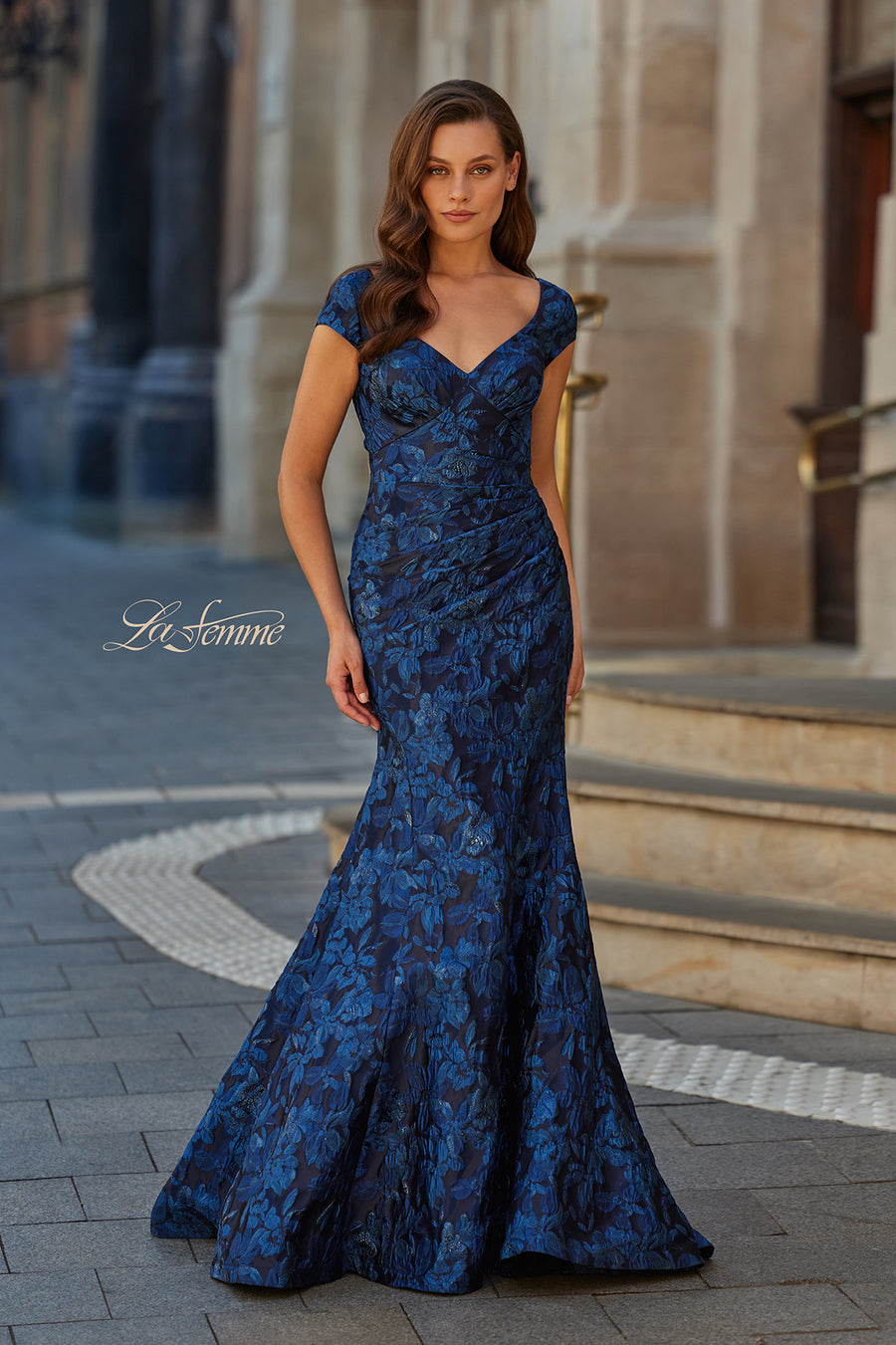 Picture of: Cap Sleeve Metallic Brocade Gown with V-Neckline in Navy, Style: 33578, Main Picture