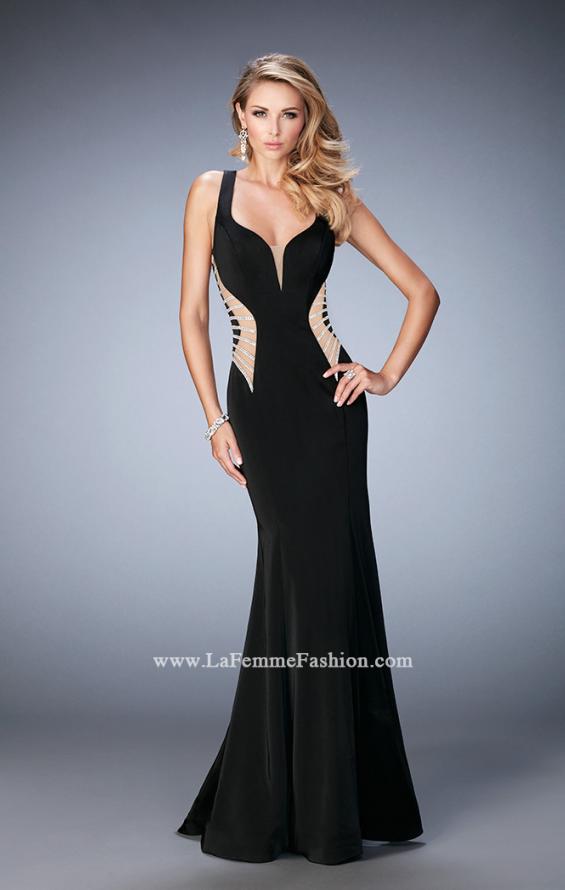 La Femme Black Long Prom Dress with Rhinestone Side Stripe