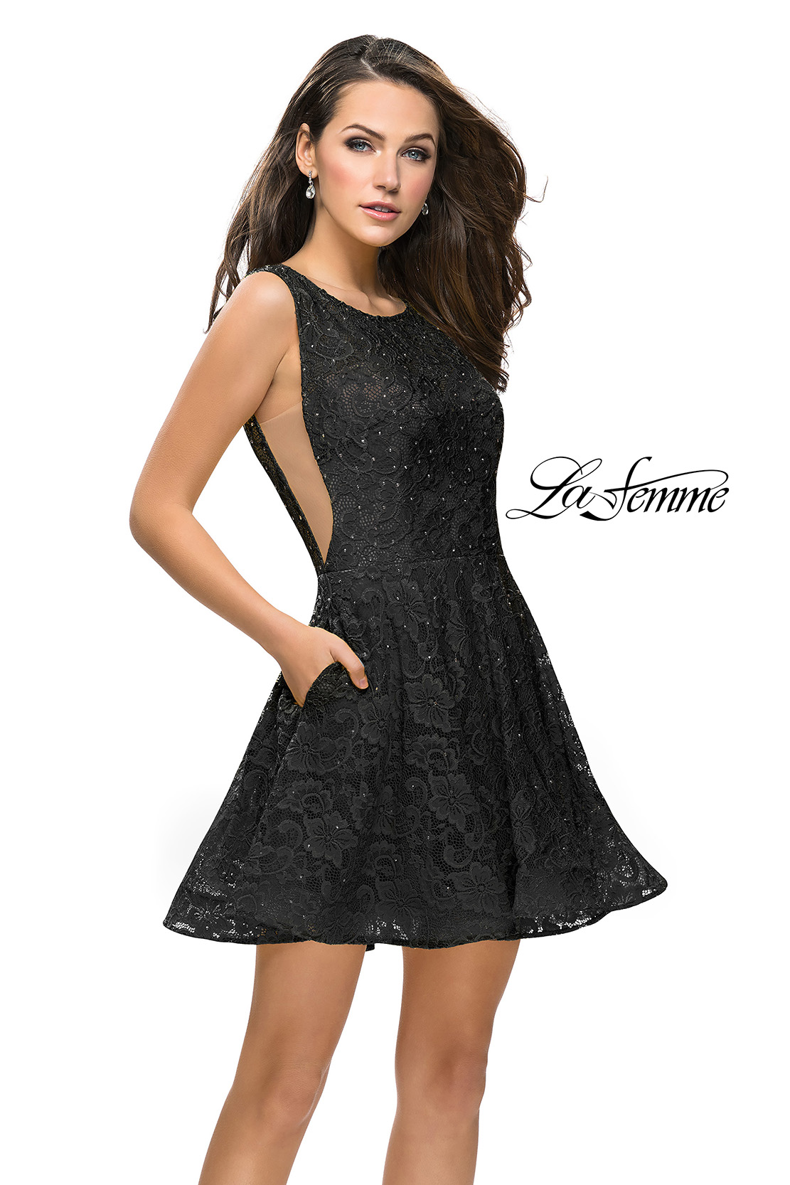 Black Lace Homecoming Dress with Pockets by La Femme