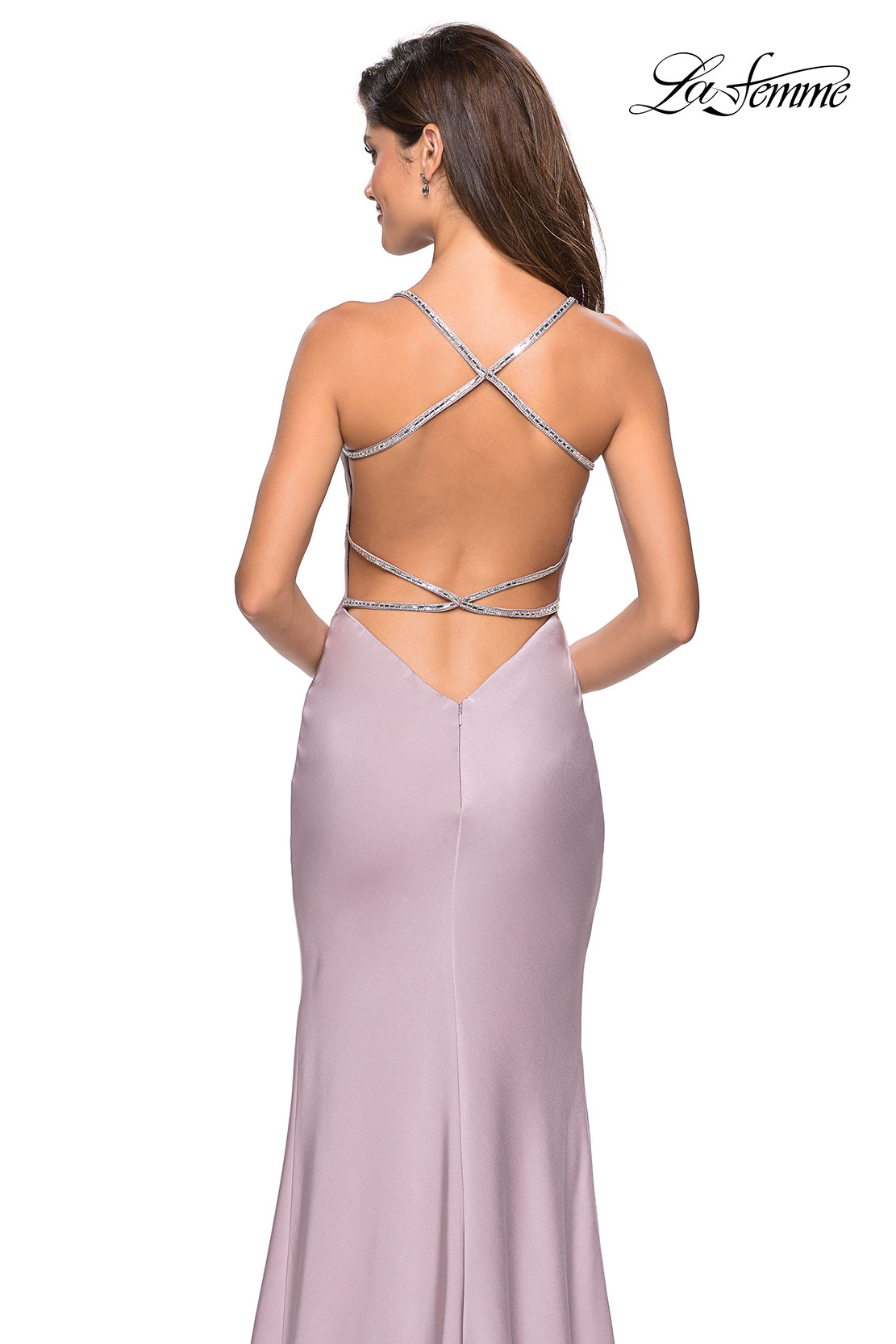 mauve dress with rhinestone straps and open back