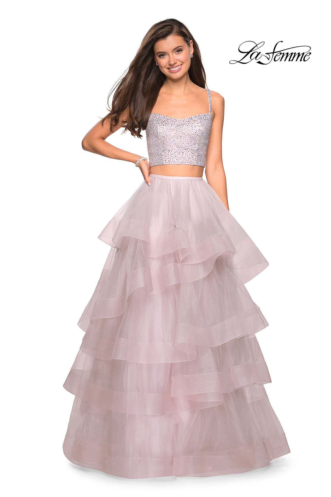 Tulle skirt mauve prom dress two piece with rhinestones