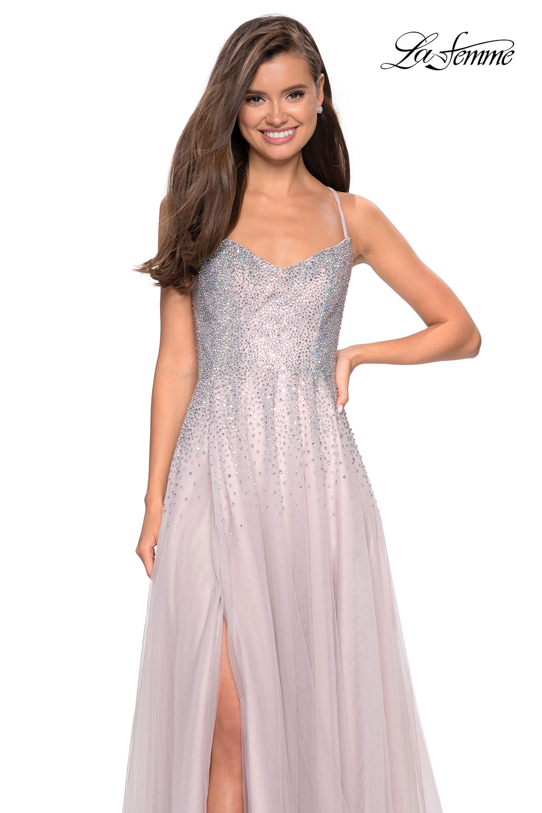 Mauve prom dress with rhinestone bodice