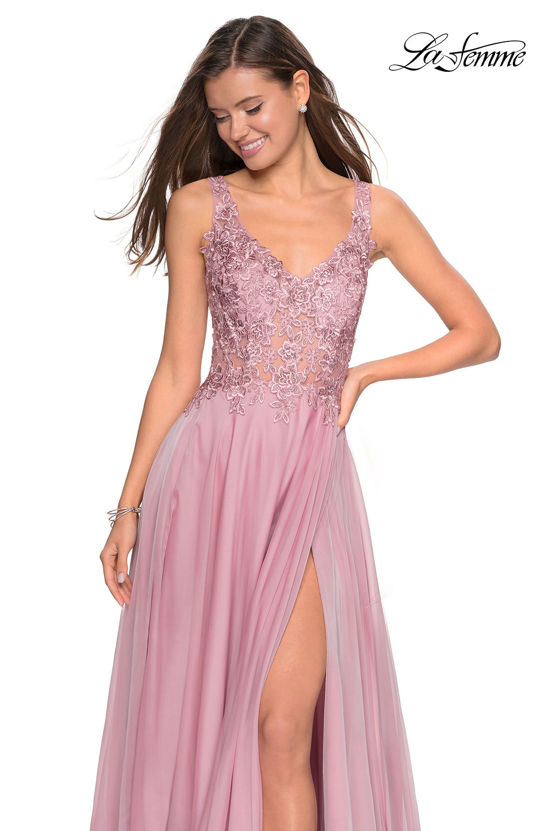 Mauve chiffon prom dress with lace top by La Femme 27751
