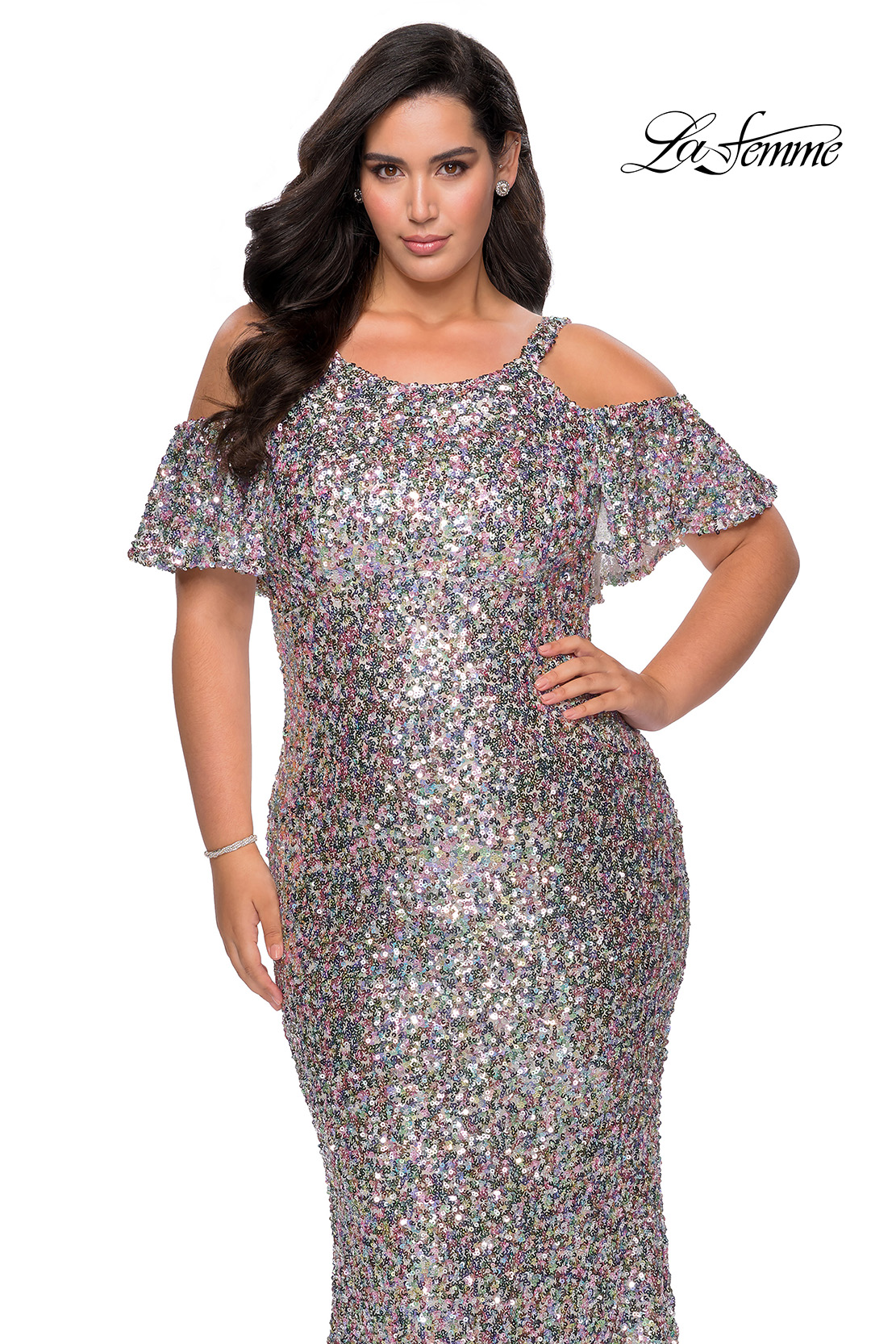 Silver Sequin Plus Size Dress with Cold Shoulder