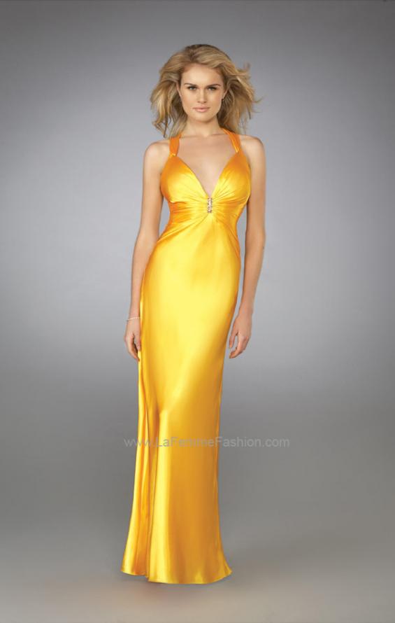 Picture of: Long Satin Prom Gown with V Neck and X Back in Yellow, Style: 12298, Main Picture