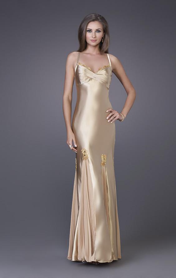Picture of: Prom Gown with Twisted Bodice and Lace Detailing in Gold, Style: 12340, Main Picture