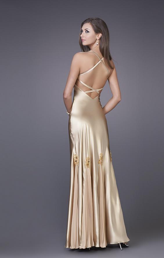 Picture of: Prom Gown with Twisted Bodice and Lace Detailing in Gold, Style: 12340, Back Picture