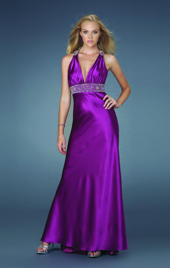 Picture of: Empire Waist Beaded Long Satin Prom Dress in Purple, Style: 13238, Main Picture