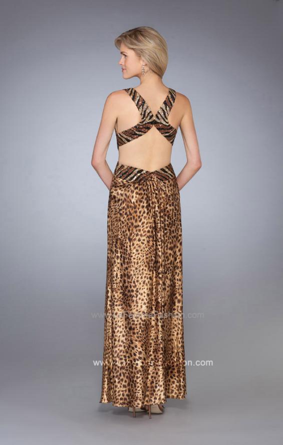 Picture of: Animal Print Prom Dress with V Neck and Cut Outs in Gold, Style: 13266, Back Picture