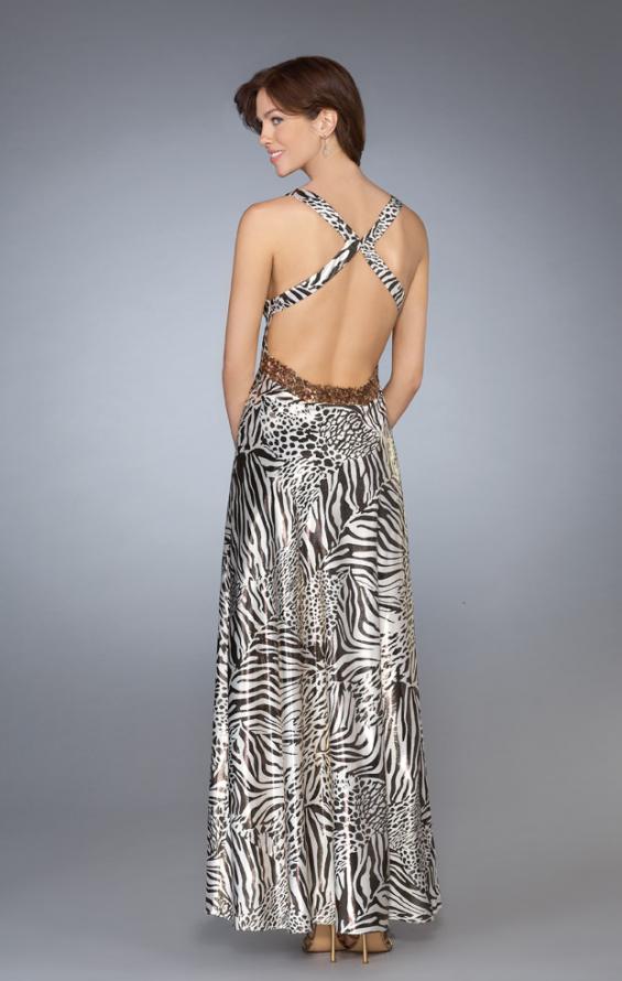 Picture of: Printed Low V Neckline Prom Dress with Criss Cross Back in Multi, Style: 13409, Back Picture