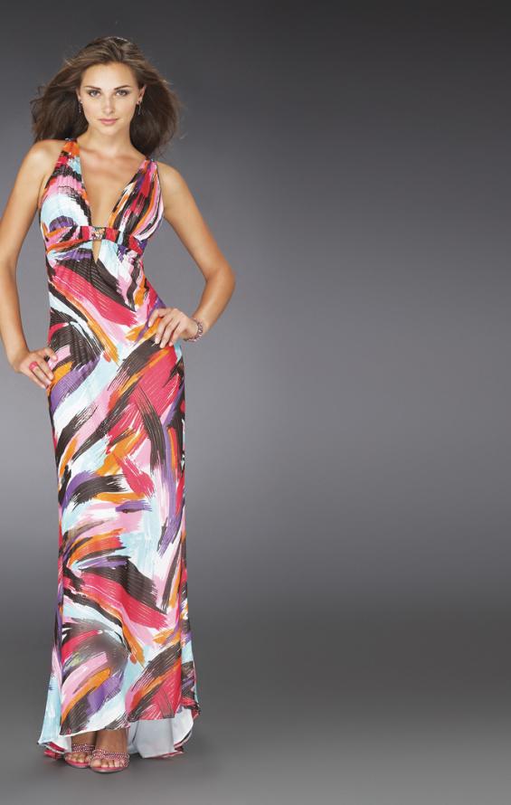 Picture of: Low V Neck Printed Prom Dress with T Shaped Back in Multi, Style: 14319, Main Picture