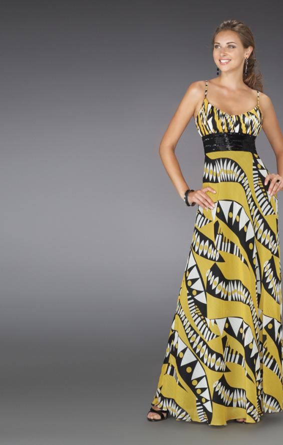 Picture of: Long Printed Halter Gown with Beaded Sash, Style: 14359 in Yellow, Detail Picture 1