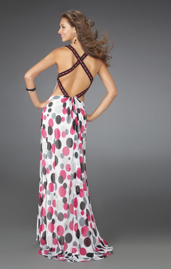 Picture of: Long Printed Halter Gown with Criss Cross Detailing in Multi, Style: 14403, Back Picture