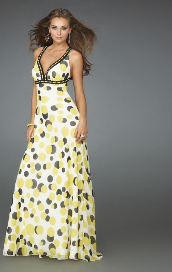 Picture of: Long Printed Halter Gown with Criss Cross Detailing in Yellow, Style: 14403, Detail Picture 1