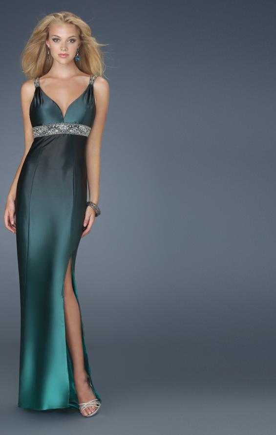 Picture of: V Neck Dress with Beaded Straps, Belt, and Open Back in Green, Style: 14456, Main Picture