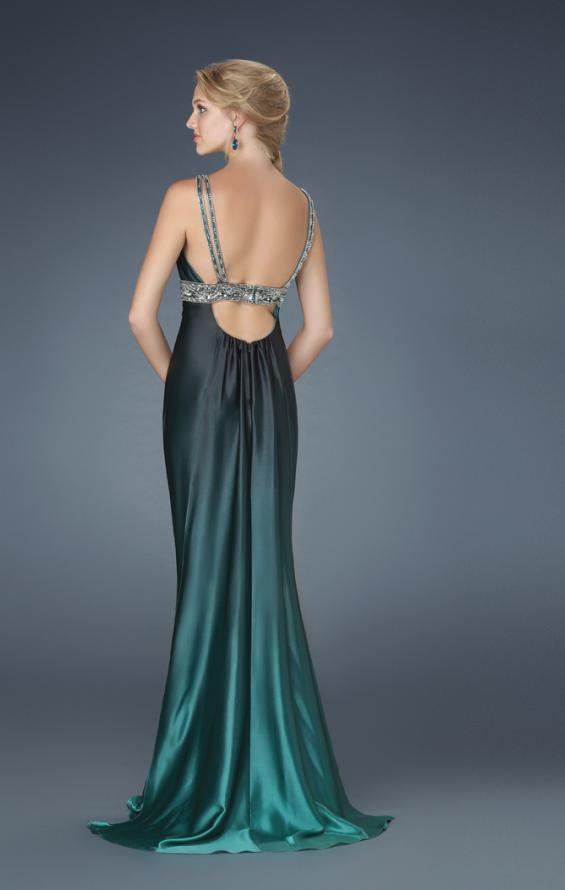 Picture of: V Neck Dress with Beaded Straps, Belt, and Open Back in Green, Style: 14456, Back Picture