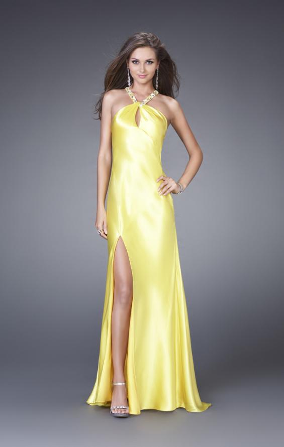 Picture of: Sleek Satin Prom Dress with Beaded Straps and Slit in Yellow, Style: 15061, Main Picture
