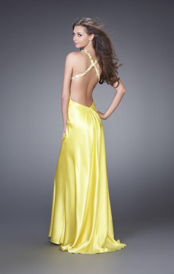 Picture of: Sleek Satin Prom Dress with Beaded Straps and Slit in Yellow, Style: 15061, Back Picture