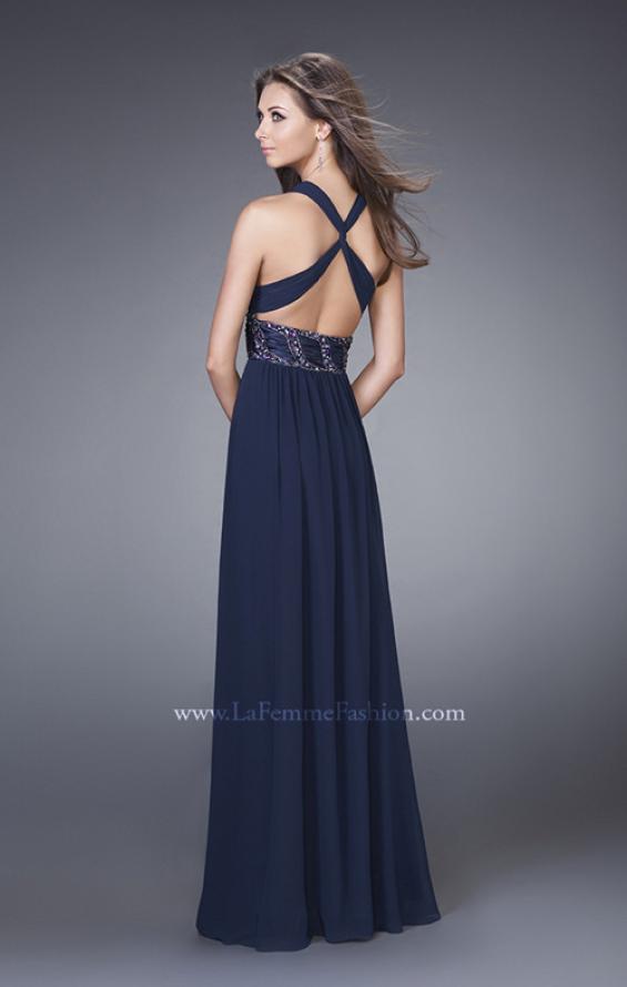 Picture of: Halter Prom Gown with Gathered Waist and X Back in Navy, Style: 15064, Back Picture