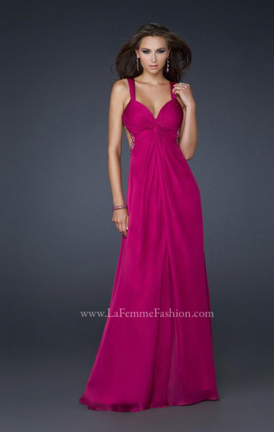 Picture of: Chiffon Dress with Twisted Bodice and Star Cut Out Back in Fuchsia, Style: 15148, Detail Picture 1