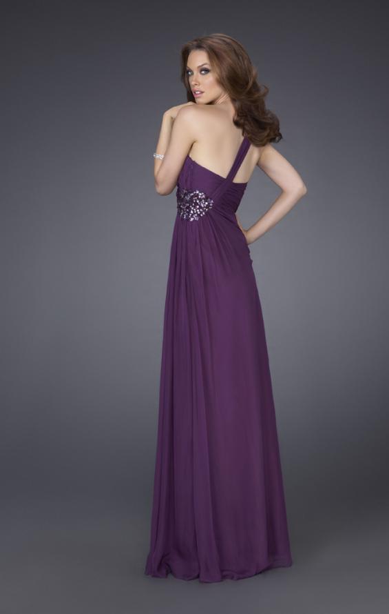 Picture of: One Shoulder Gown with Ruched Bodice and Beading in Purple, Style: 15247, Back Picture