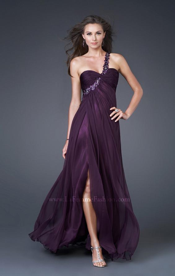 Picture of: Ruched Bust Gown with Floral Strap and Slit in Purple, Style: 15361, Detail Picture 2