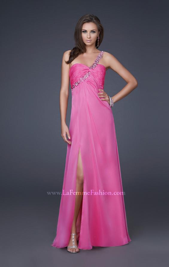 Picture of: Ruched Bust Gown with Floral Strap and Slit in Pink, Style: 15361, Detail Picture 5