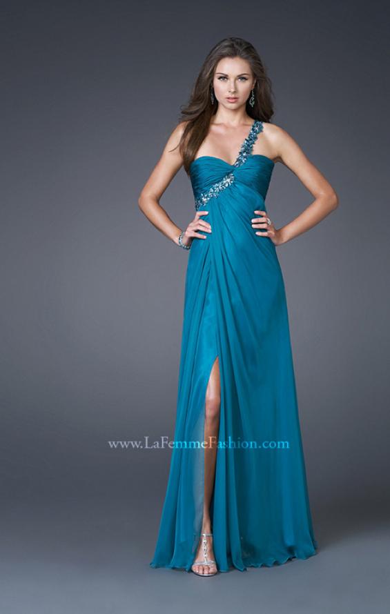 Picture of: Ruched Bust Gown with Floral Strap and Slit in Teal, Style: 15361, Detail Picture 6