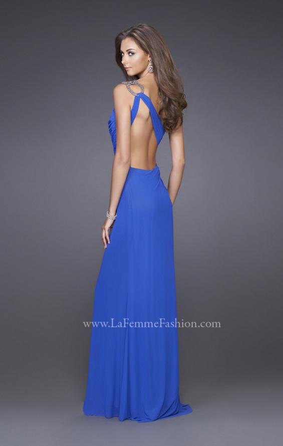Picture of: One Shoulder Gown with Ruched Bodice and Slit in Blue, Style: 15417, Back Picture