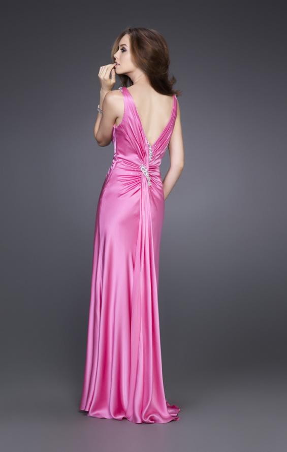 Picture of: Long Silk Gown with V Neck and Beaded Detail in Pink, Style: 15599, Back Picture
