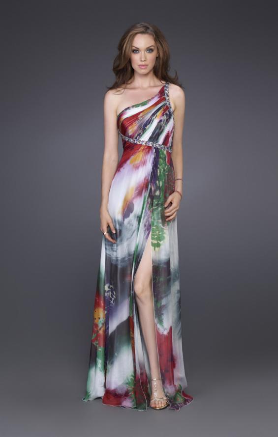 Picture of: Printed Silk Chiffon Dress with One Beaded Shoulder in Multi, Style: 15639, Main Picture