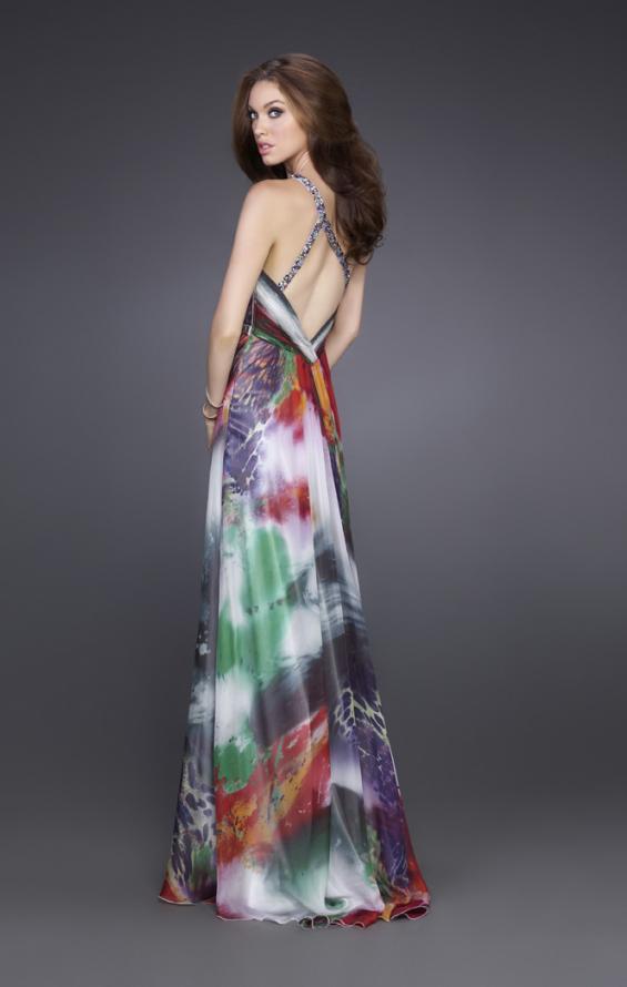 Picture of: Printed Silk Chiffon Dress with One Beaded Shoulder in Multi, Style: 15639, Back Picture